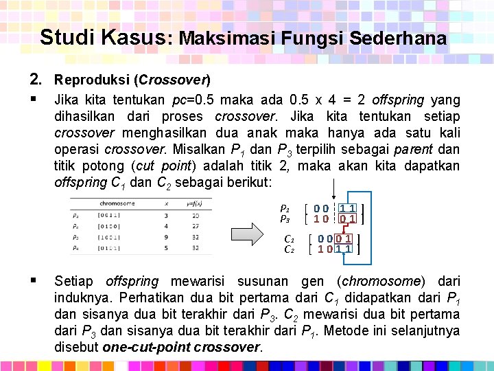 Studi Kasus: Maksimasi Fungsi Sederhana 2. Reproduksi (Crossover) § Jika kita tentukan pc=0. 5