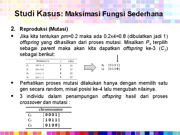 Studi Kasus: Maksimasi Fungsi Sederhana 2. Reproduksi (Mutasi) § Jika kita tentukan pm=0. 2