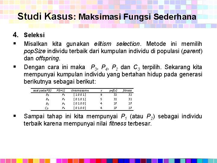 Studi Kasus: Maksimasi Fungsi Sederhana 4. Seleksi § Misalkan kita gunakan elitism selection. Metode