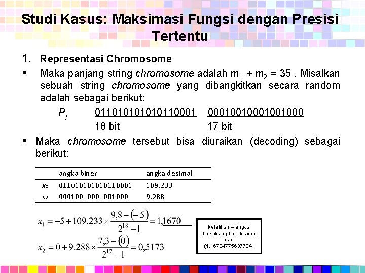 Studi Kasus: Maksimasi Fungsi dengan Presisi Tertentu 1. Representasi Chromosome § Maka panjang string