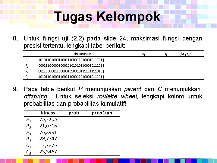 Tugas Kelompok 8. Untuk fungsi uji (2. 2) pada slide 24, maksimasi fungsi dengan