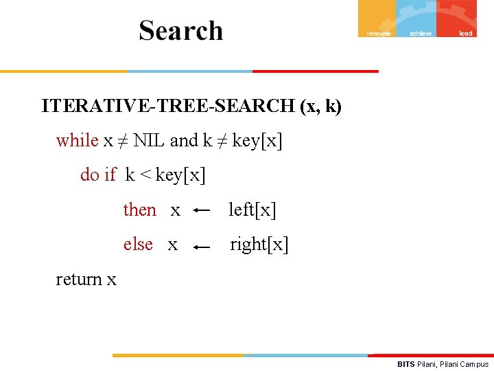 ITERATIVE-TREE-SEARCH (x, k) while x ≠ NIL and k ≠ key[x] do if k