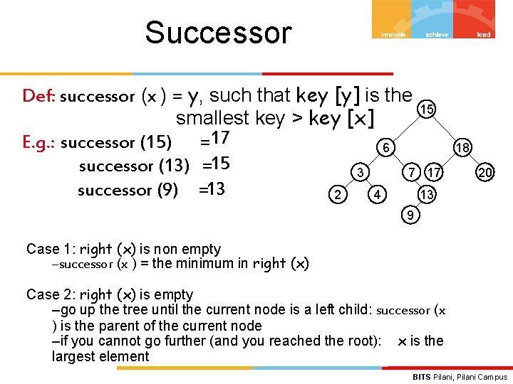 Successor Def: successor (x ) = y, such that key [y] is the 15