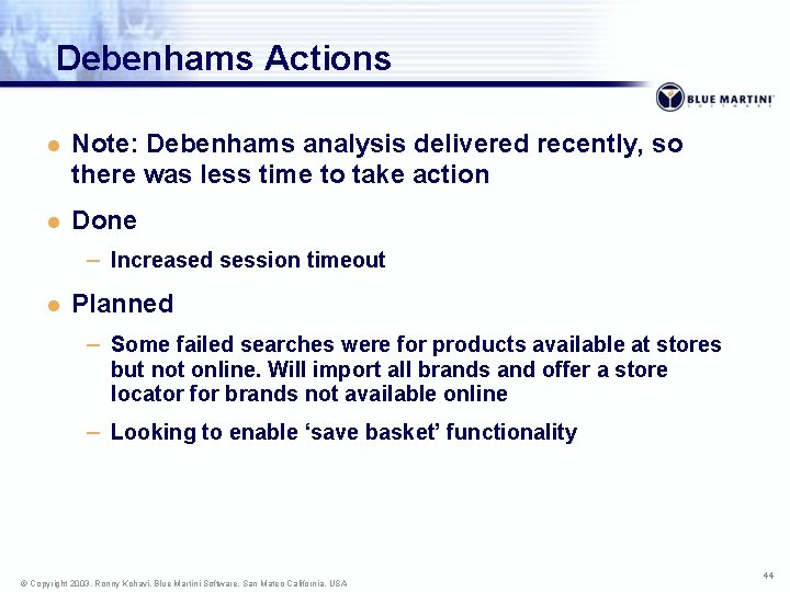 Debenhams Actions l Note: Debenhams analysis delivered recently, so there was less time to