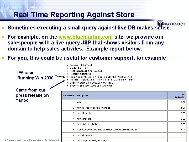 Real Time Reporting Against Store l Sometimes executing a small query against live DB