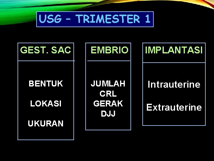 USG – TRIMESTER 1 GEST. SAC EMBRIO IMPLANTASI BENTUK JUMLAH CRL GERAK DJJ Intrauterine