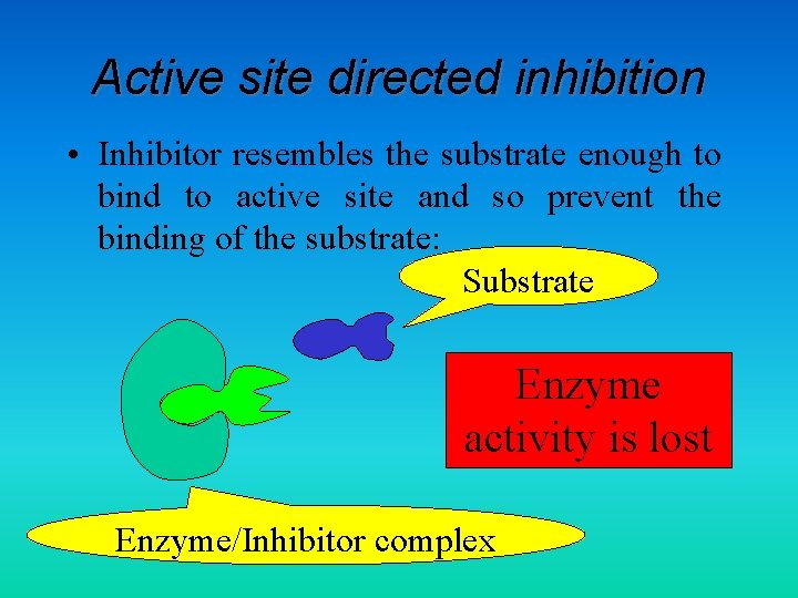 Active site directed inhibition • Inhibitor resembles the substrate enough to bind to active