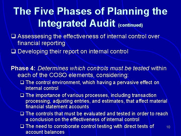 The Five Phases of Planning the Integrated Audit (continued) q Assessesing the effectiveness of