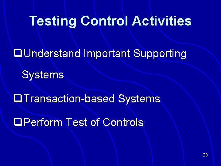 Testing Control Activities q. Understand Important Supporting Systems q. Transaction-based Systems q. Perform Test