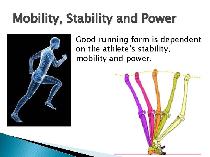 Mobility, Stability and Power Good running form is dependent on the athlete’s stability, mobility