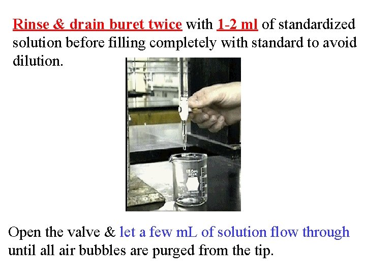 Rinse & drain buret twice with 1 -2 ml of standardized solution before filling