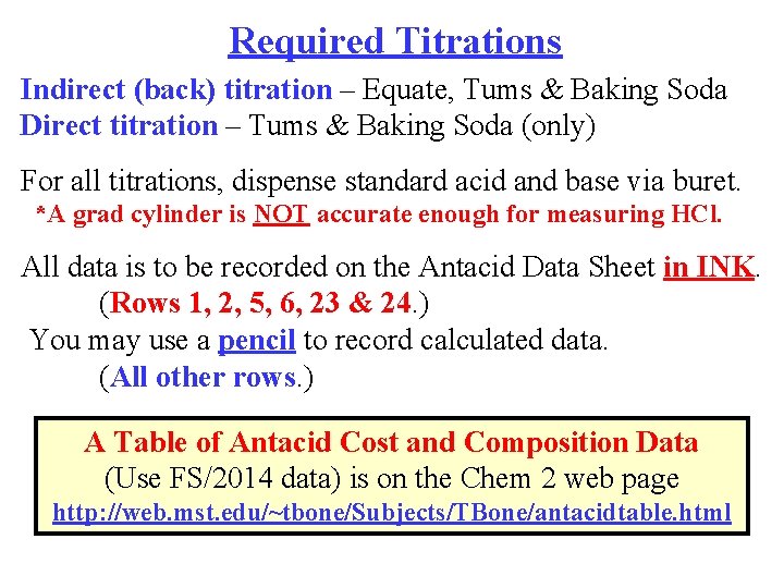 Required Titrations Indirect (back) titration – Equate, Tums & Baking Soda Direct titration –