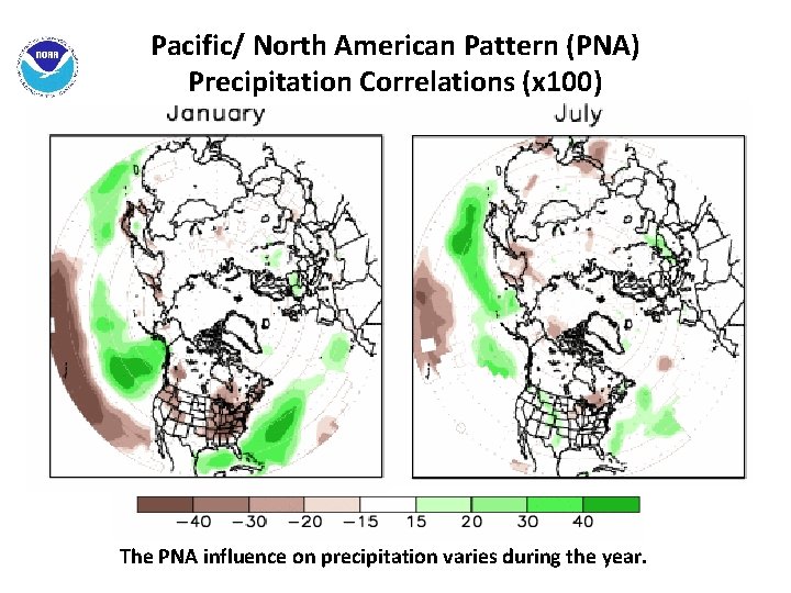 Pacific/ North American Pattern (PNA) Precipitation Correlations (x 100) The PNA influence on precipitation