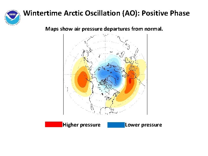 Wintertime Arctic Oscillation (AO): Positive Phase Maps show air pressure departures from normal. Higher