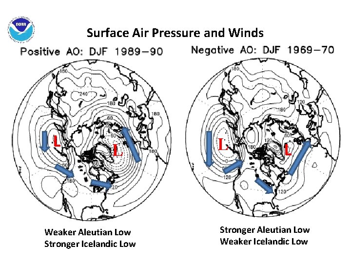 Surface Air Pressure and Winds L L Weaker Aleutian Low Stronger Icelandic Low L
