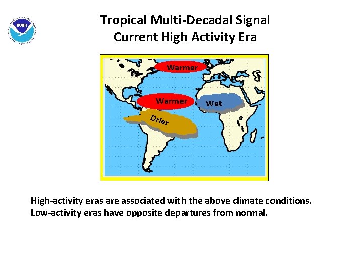 Tropical Multi-Decadal Signal Current High Activity Era Warmer Wet Drie r High-activity eras are