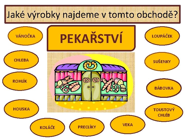 Jaké výrobky najdeme v tomto obchodě? PEKAŘSTVÍ VÁNOČKA CHLEBA LOUPÁČEK SUŠENKY ROHLÍK BÁBOVKA HOUSKA