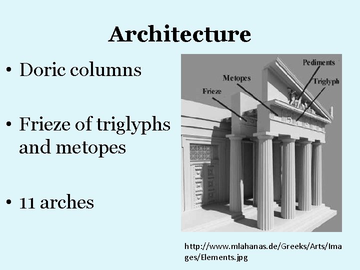 Architecture • Doric columns • Frieze of triglyphs and metopes • 11 arches http: