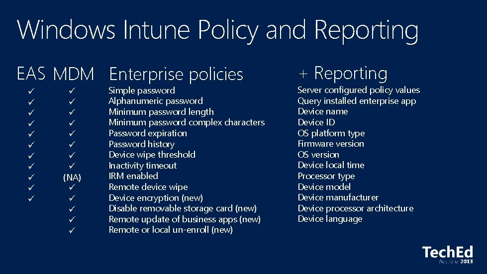 Windows Intune Policy and Reporting EAS MDM Enterprise policies (NA) Simple password Alphanumeric password