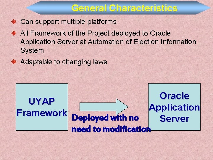 General Characteristics Can support multiple platforms All Framework of the Project deployed to Oracle