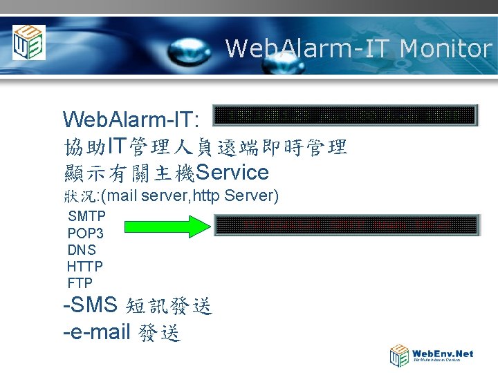 Web. Alarm-IT Monitor Web. Alarm-IT: 協助IT管理人員遠端即時管理 顯示有關主機Service 狀況: (mail server, http Server) SMTP POP