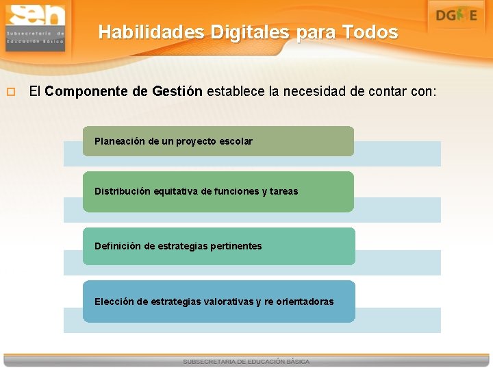 Habilidades Digitales para Todos El Componente de Gestión establece la necesidad de contar con: