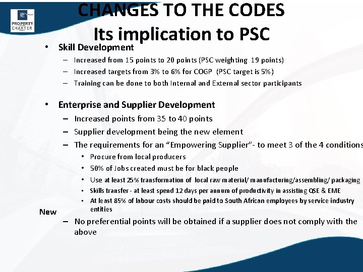  • CHANGES TO THE CODES Its implication to PSC Skill Development – Increased