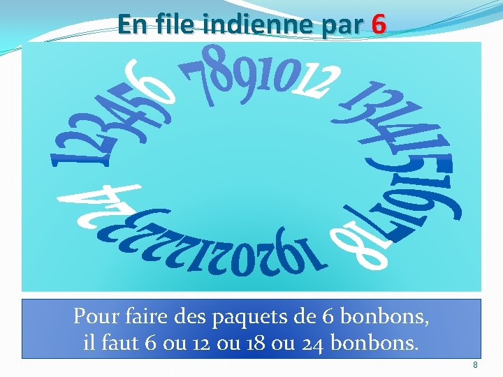 En file indienne par 6 Pour faire des paquets de 6 bonbons, il faut