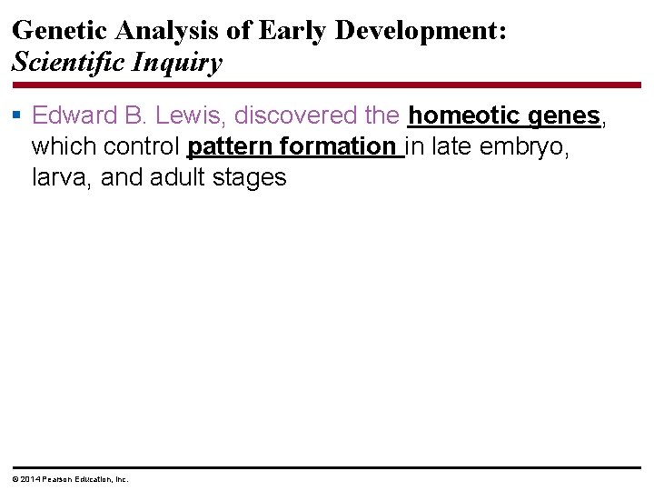 Genetic Analysis of Early Development: Scientific Inquiry § Edward B. Lewis, discovered the homeotic