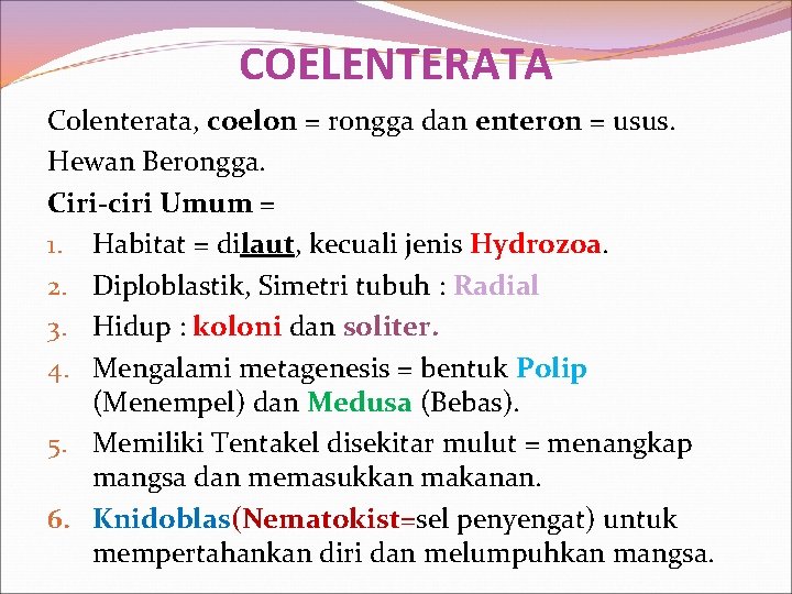 COELENTERATA Colenterata, coelon = rongga dan enteron = usus. Hewan Berongga. Ciri-ciri Umum =