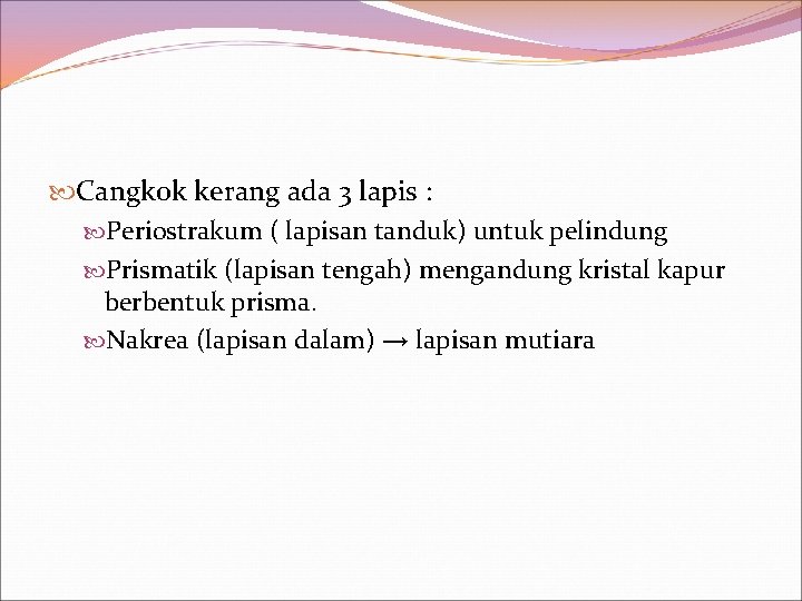  Cangkok kerang ada 3 lapis : Periostrakum ( lapisan tanduk) untuk pelindung Prismatik