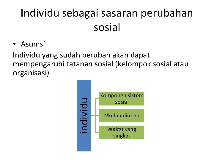 Individu sebagai sasaran perubahan sosial individu • Asumsi Individu yang sudah berubah akan dapat