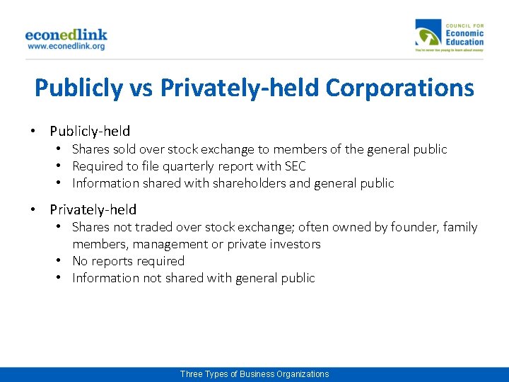 Publicly vs Privately-held Corporations • Publicly-held • Shares sold over stock exchange to members