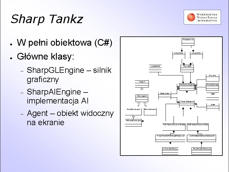 Sharp Tankz ● ● W pełni obiektowa (C#) Główne klasy: Sharp. GLEngine – silnik