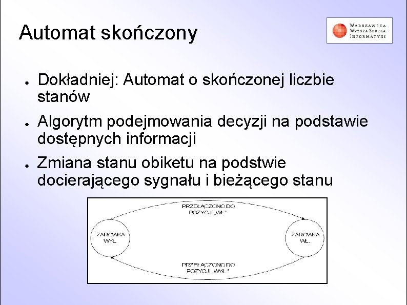 Automat skończony ● ● ● Dokładniej: Automat o skończonej liczbie stanów Algorytm podejmowania decyzji