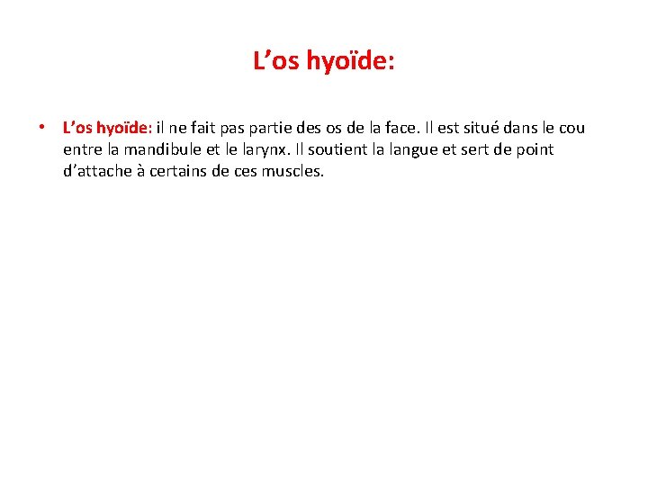L’os hyoïde: • L’os hyoïde: il ne fait pas partie des os de la