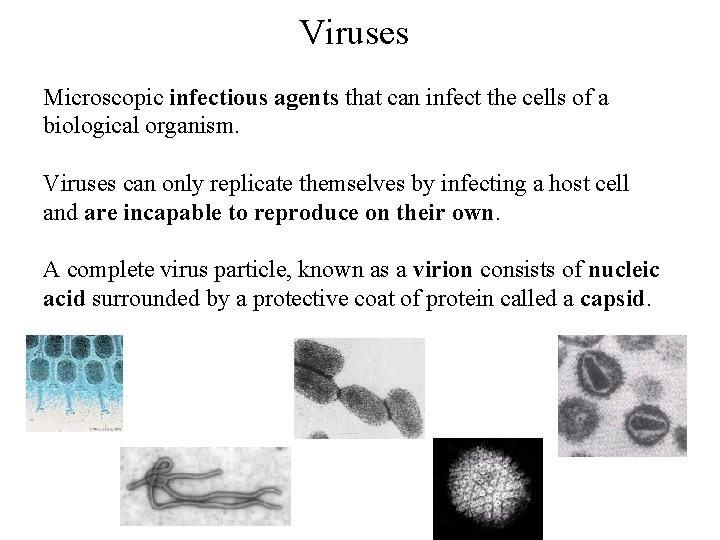 Viruses Microscopic infectious agents that can infect the cells of a biological organism. Viruses