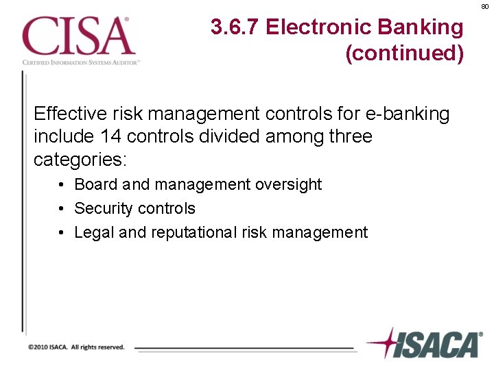 80 3. 6. 7 Electronic Banking (continued) Effective risk management controls for e-banking include