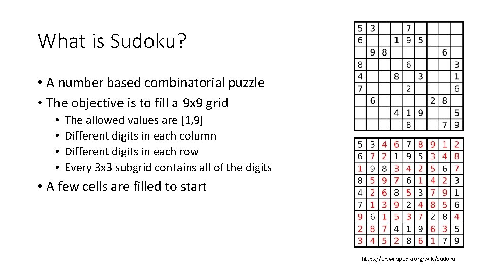 What is Sudoku? • A number based combinatorial puzzle • The objective is to