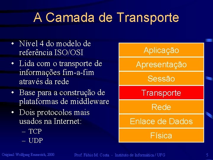 A Camada de Transporte • Nível 4 do modelo de referência ISO/OSI • Lida