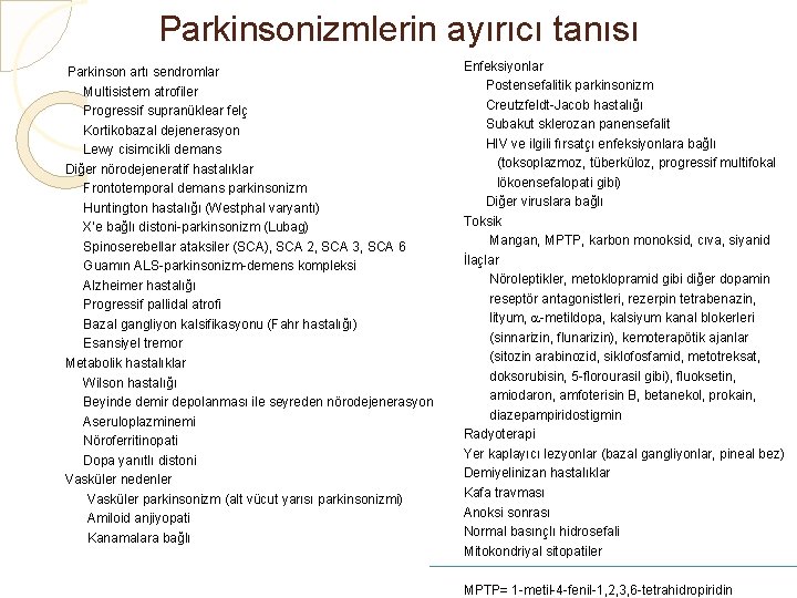 Parkinsonizmlerin ayırıcı tanısı Parkinson artı sendromlar Multisistem atrofiler Progressif supranüklear felç Kortikobazal dejenerasyon Lewy