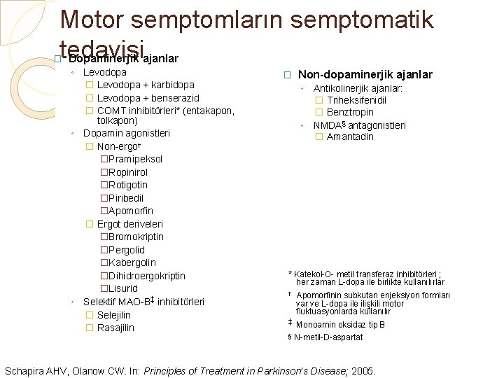Motor semptomların semptomatik tedavisi Dopaminerjik ajanlar � ◦ Levodopa � Levodopa + karbidopa �