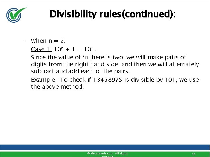 Divisibility rules(continued): • When n = 2. Case 1: 10 n + 1 = Divisibility rules(continued): • When n = 2. Case 1: 10 n + 1 =