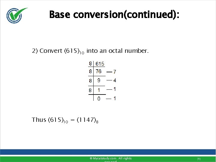 Base conversion(continued): 2) Convert (615)10 into an octal number. Thus (615)10 = (1147)8 ©