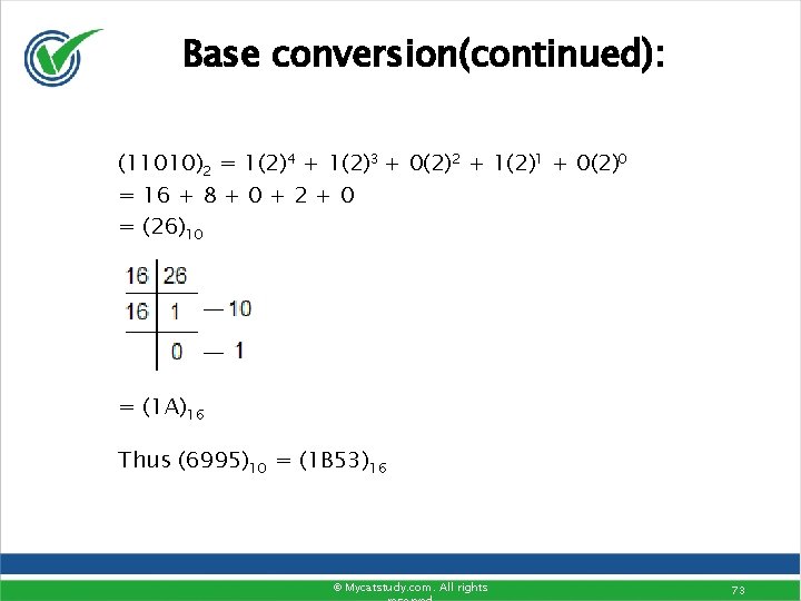 Base conversion(continued): (11010)2 = 1(2)4 + 1(2)3 + 0(2)2 + 1(2)1 + 0(2)0 =