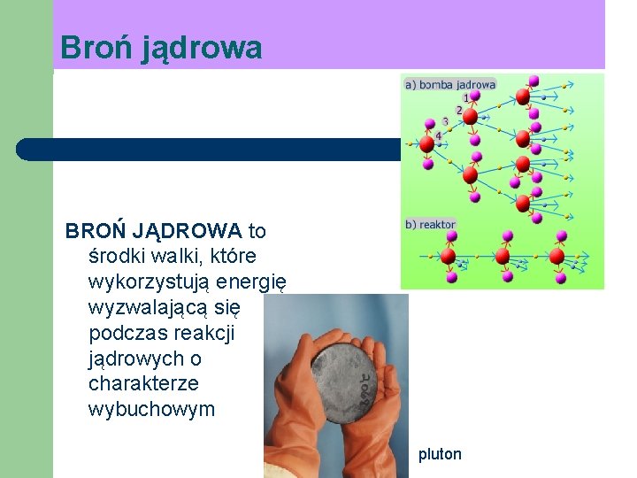 Broń jądrowa BROŃ JĄDROWA to środki walki, które wykorzystują energię wyzwalającą się podczas reakcji