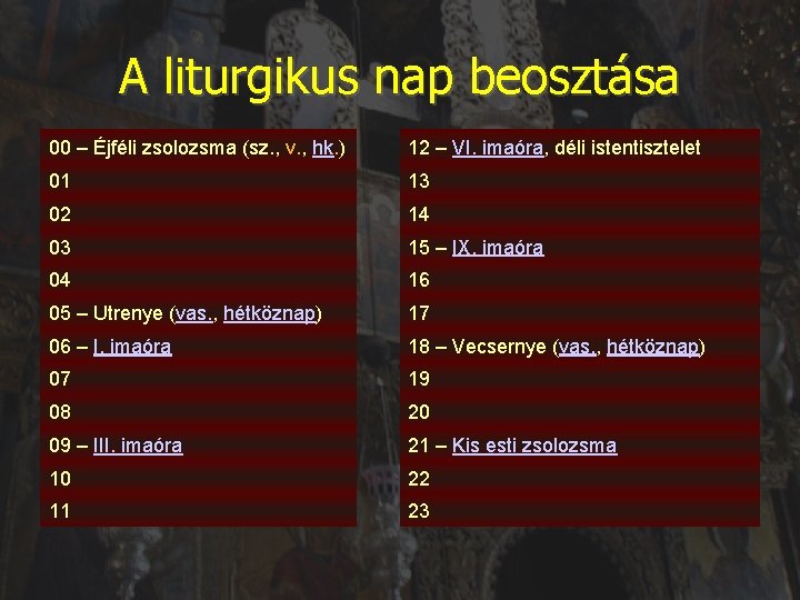 A liturgikus nap beosztása 00 – Éjféli zsolozsma (sz. , v. , hk. )