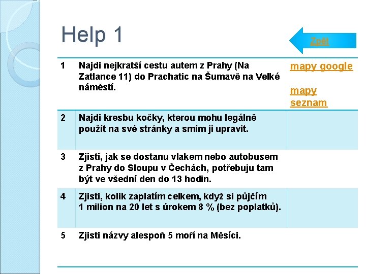 Help 1 1 Zpět Najdi nejkratší cestu autem z Prahy (Na mapy google Zatlance