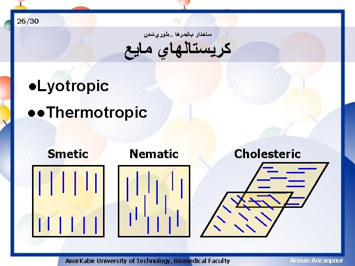 26/30 ﺳﺎﺧﺘﺎﺭ پﻠﻴﻤﺮﻫﺎ ›› ﺑﻠﻮﺭﻱ ﺷﺪﻥ ﻛﺮﻳﺴﺘﺎﻟﻬﺎﻱ ﻣﺎﻳﻊ ●Lyotropic ●●Thermotropic Smetic Nematic Amir. Kabir