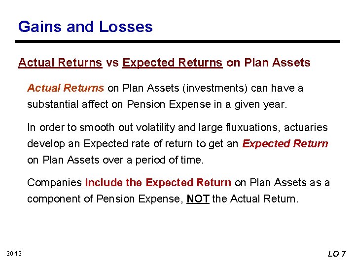Gains and Losses Actual Returns vs Expected Returns on Plan Assets Actual Returns on